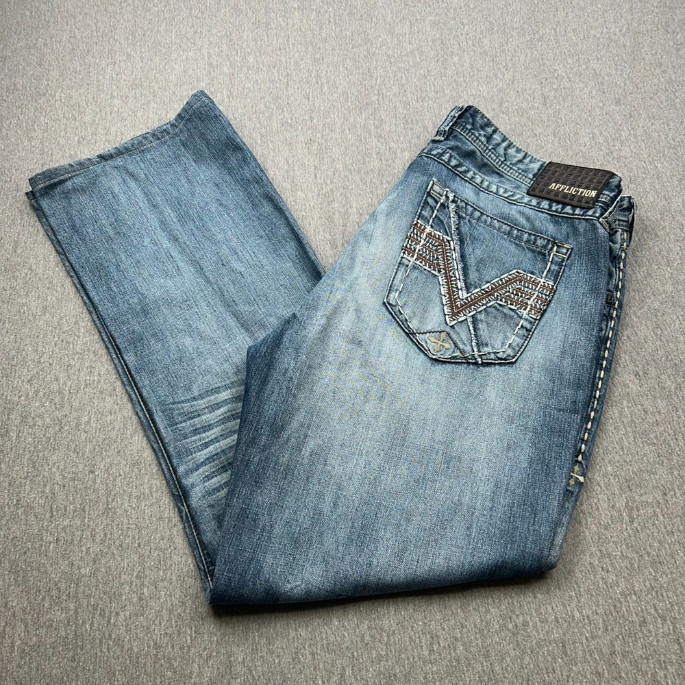 Affliction Cooper Straight Leg Jeans Mens 40x33 Thick Stitch Embroidered Blue